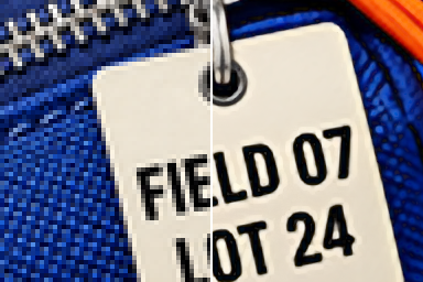 A 96 by 64 pixel region of a blue pouch product photo: the left half its own source pixels, the right half enlarged 4 times by MacnifyIt with Enhance (AI)