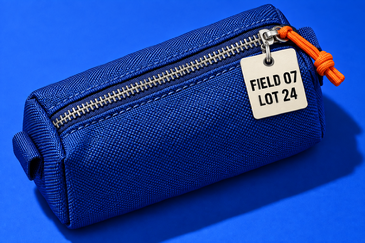 The whole 384 by 256 pixel product photo of a blue pouch enlarged 4 times as its own source pixels, no smoothing